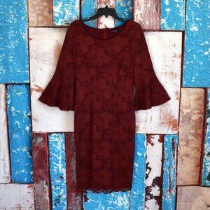 Women's Mikarose Dress Lace Scoop Neck Dress Bell Sleeve MEDIUM Burgundy